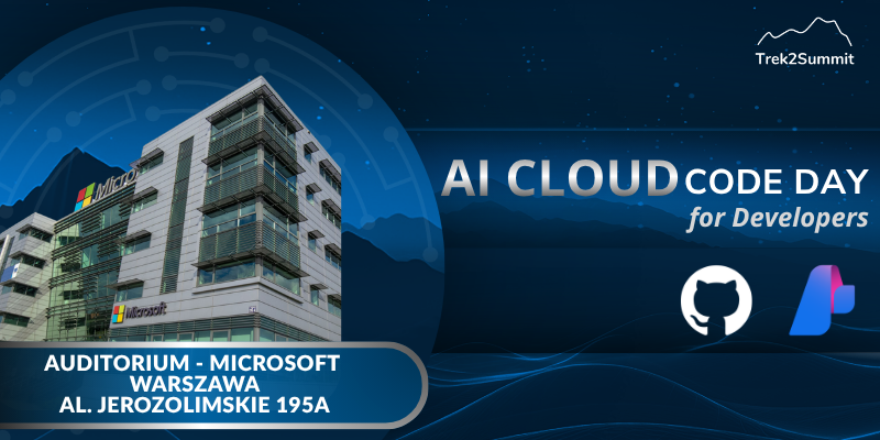 Nowoczesny budynek biurowy Microsoft w Warszawie z widocznym logo na elewacji. Na grafice promocyjnej widnieje napis „AI Cloud Code Day for Developers”, a także informacje o lokalizacji: Audytorium Microsoft, Al. Jerozolimskie 195A.