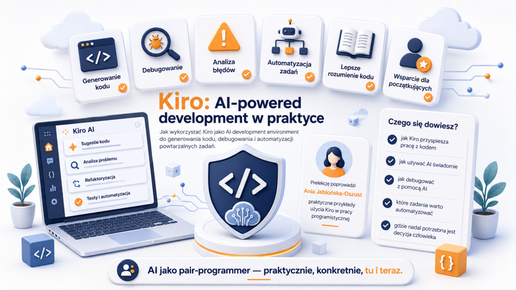Grafika promująca prelekcję „Kiro: AI-powered development w praktyce”. Na jasnym tle widać nowoczesną ilustrację 3D w kolorach granatu, bieli i pomarańczu. Centralnym elementem jest tarcza z symbolem kodu, otoczona kartami z ikonami przedstawiającymi generowanie kodu, debugowanie, analizę błędów, automatyzację zadań, lepsze rozumienie kodu i wsparcie dla początkujących. Po lewej stronie znajduje się laptop z panelem „Kiro AI”, a po prawej checklistą „Czego się dowiesz?”.