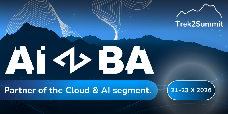 Baner Trek2Summit z logo AIBA, informacją „Partner of the Cloud & AI segment” oraz datą 21-23 X 2026 na tle górskiej panoramy.
