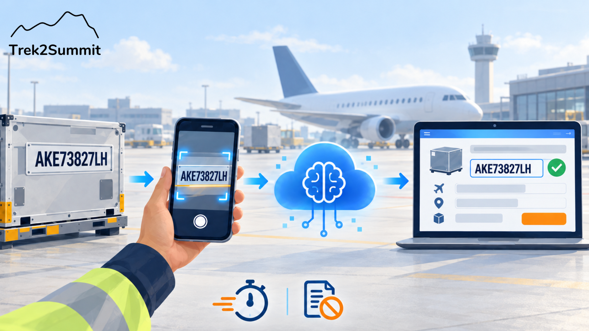 Schemat automatycznej identyfikacji kontenera lotniczego ULD. Smartfon skanuje oznaczenie AKE73827LH, sztuczna inteligencja rozpoznaje numer, a system przenosi go do formularza na laptopie. W tle samolot na płycie lotniska i logo Trek2Summit.